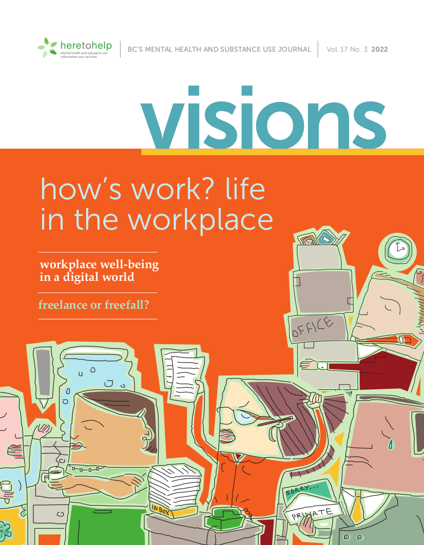 Image of the cover of Visions Journal showing cartoon-style images of people working in an office.