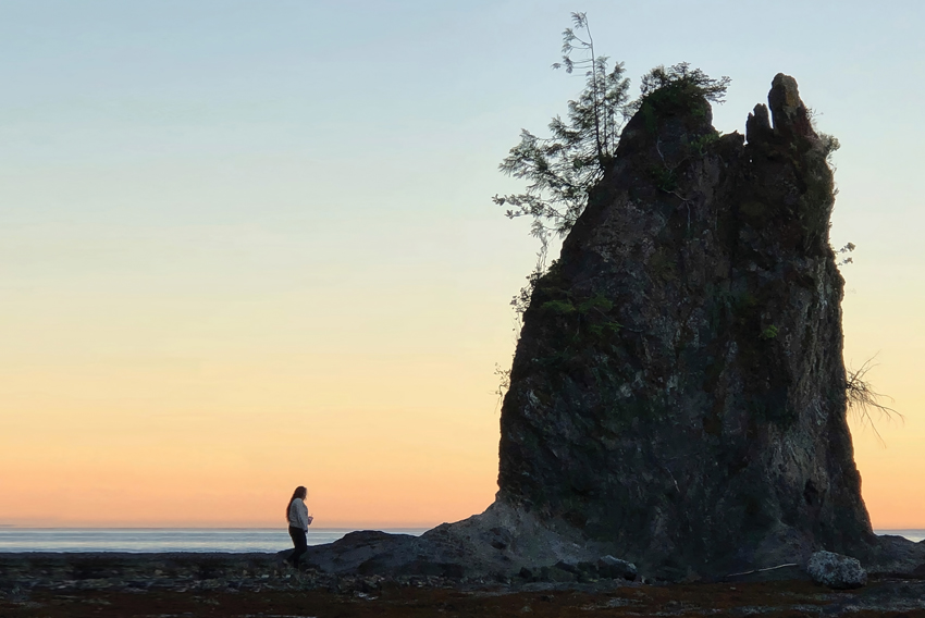 Photo of a water's edge with the silhouette of a person in the distance