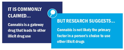 Image text: It is common claimed cannabis is a gateway drug that leads to other illicit drug use but research suggests cannabis is not likely the primary factor in a person’s choice to use other illicit drugs