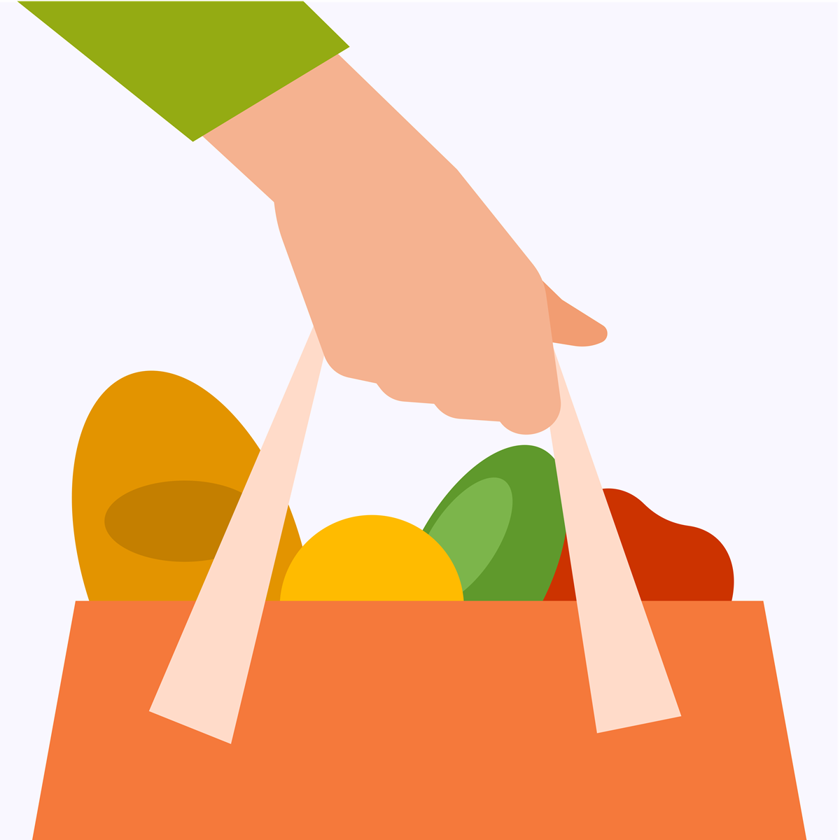 stock illustration of a person holding a shopping bag with food